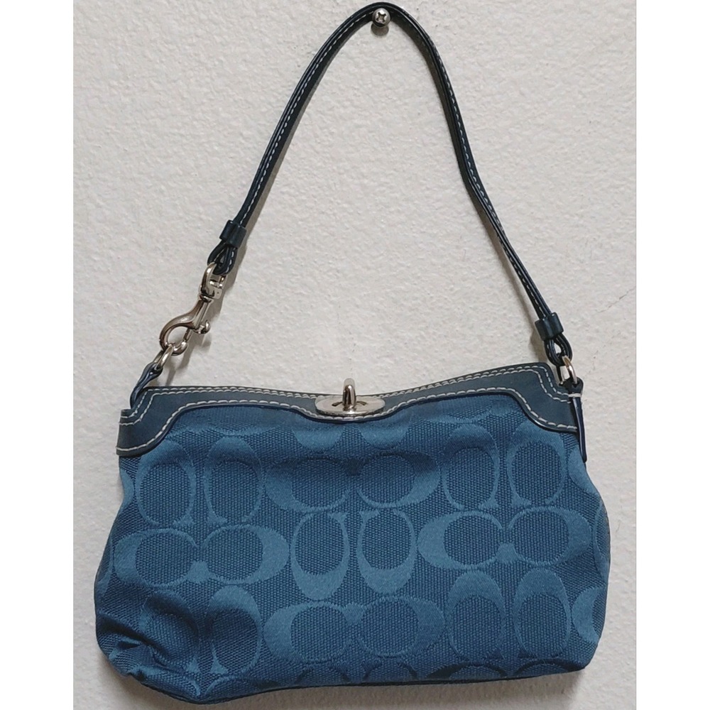 Vintage Coach Signature Turnlock Mini Pochette Bag Y2K Blue Jacquard Wristlet